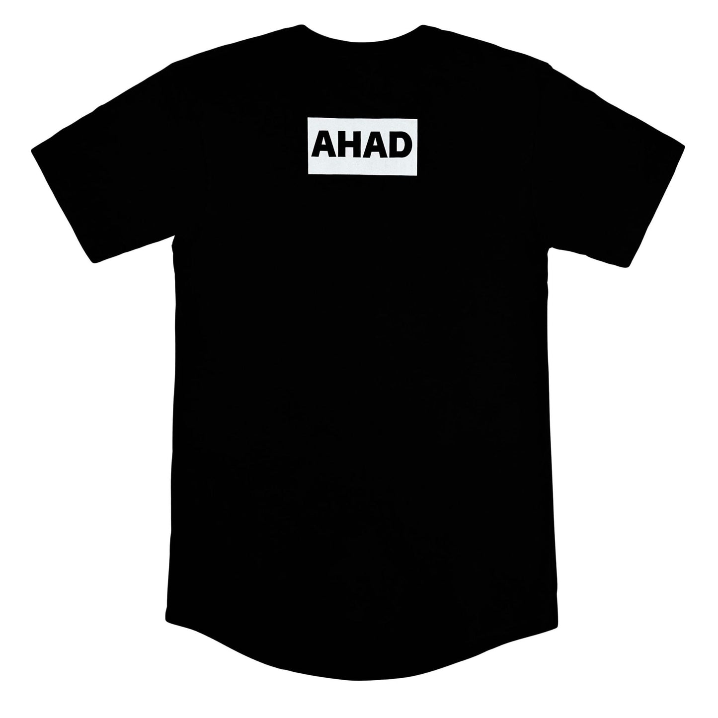 Black long body tee shirt, with scalloped hem, print on the back shows the word "AHAD" cut out of a white rectangle
